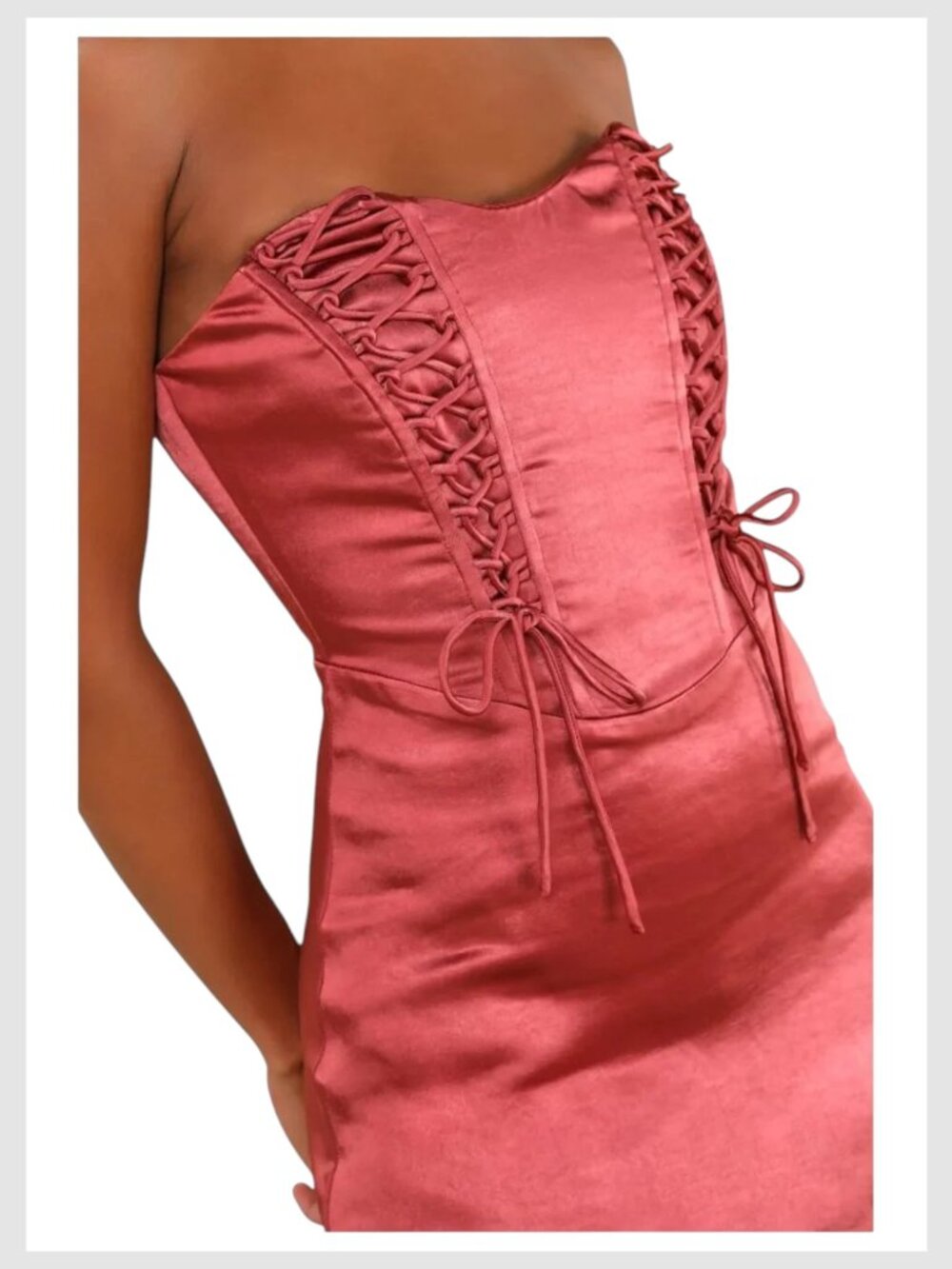 Lulu’s Strapless Satin Lace-Up Mini Dress Rusty Rose Size S - Picture 6 of 9